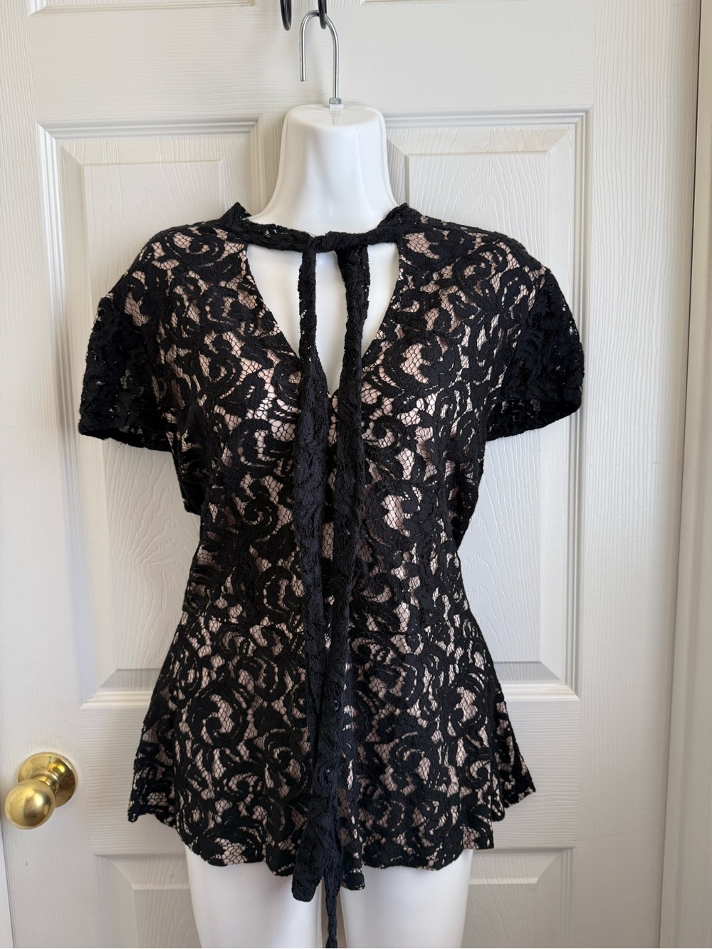 New York & Company Black Lace Tie-Neck Blouse with Nude Lining